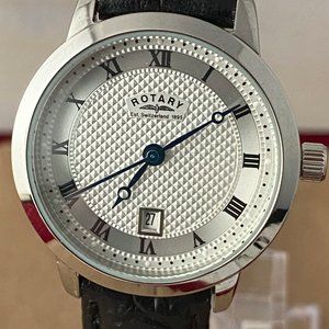 Rotary Watch Silver Tone with Black Leathe Strap